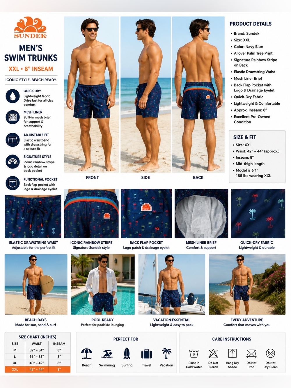 Sundek Men's XXL Navy Palm Tree Print Swim Trunks Board Shorts Mesh Lined Beach